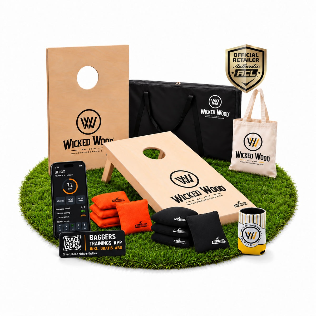 Cornhole Starter Bundle 90x60 – Planches vernies, sac de transport, tote bag & koozie – Wicked Wood Games