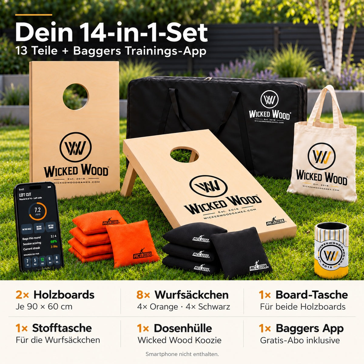 Cornhole Starter Bundle 90x60 – Planches vernies, sac de transport, tote bag & koozie – Wicked Wood Games