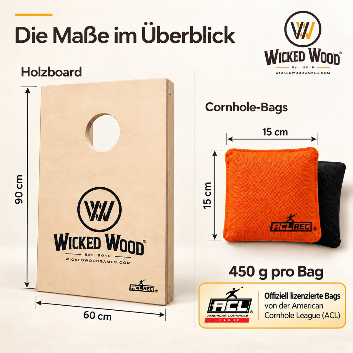 Cornhole Starter Bundle 90x60 – Planches vernies, sac de transport, tote bag & koozie – Wicked Wood Games