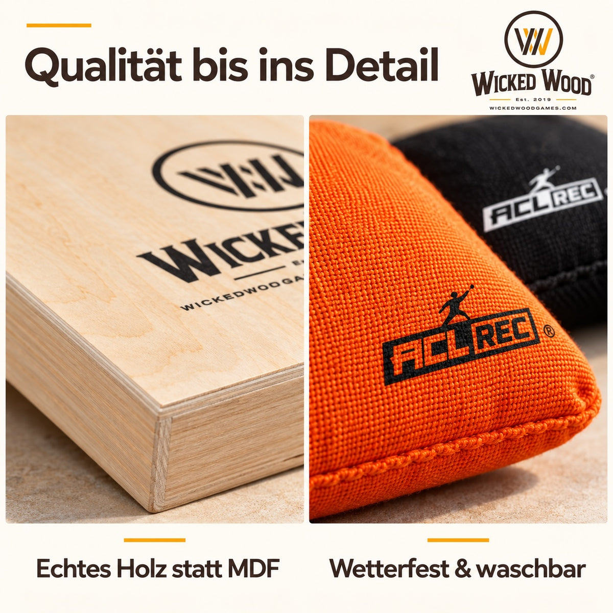 Cornhole Starter Bundle 90x60 – Planches vernies, sac de transport, tote bag & koozie – Wicked Wood Games