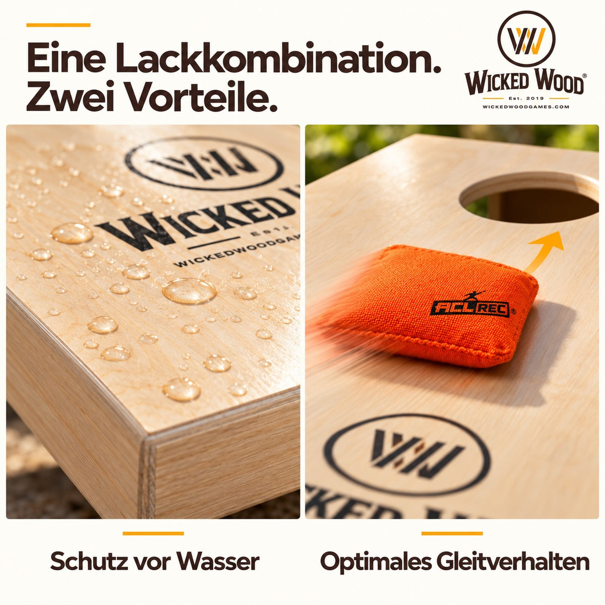 Cornhole Starter Bundle 90x60 – Planches vernies, sac de transport, tote bag & koozie – Wicked Wood Games