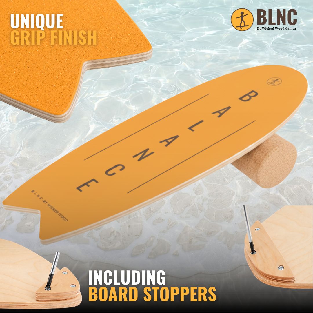 BLNC Balance Boards - SURF Style - Yellow - Incl Roller Balance Boards Wicked Wood Games